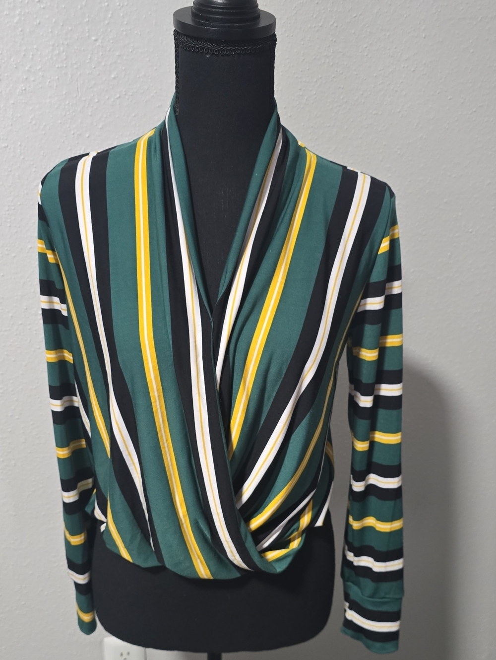 SJS Green, Yellow, Black & White Striped Wrap-Front Blouse
